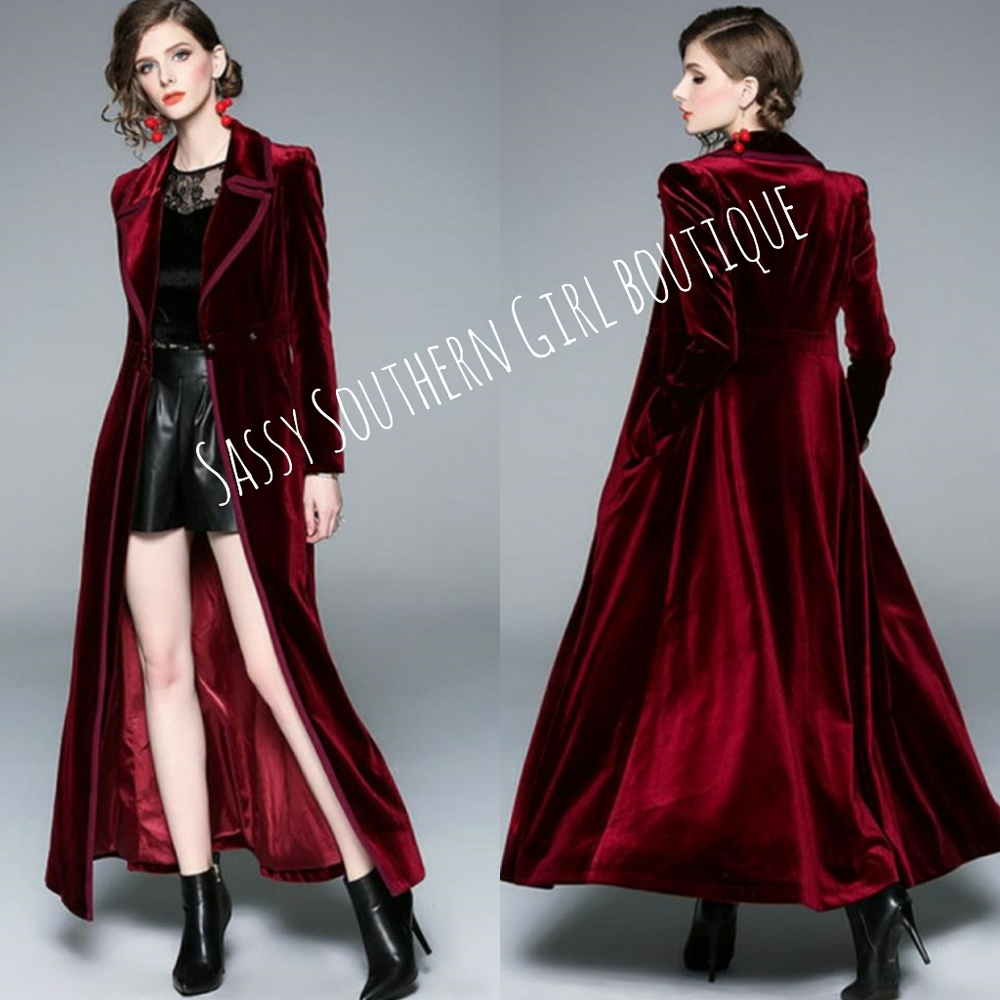 🆕⭐ Exquisite Wine red velvet maxi coat duster